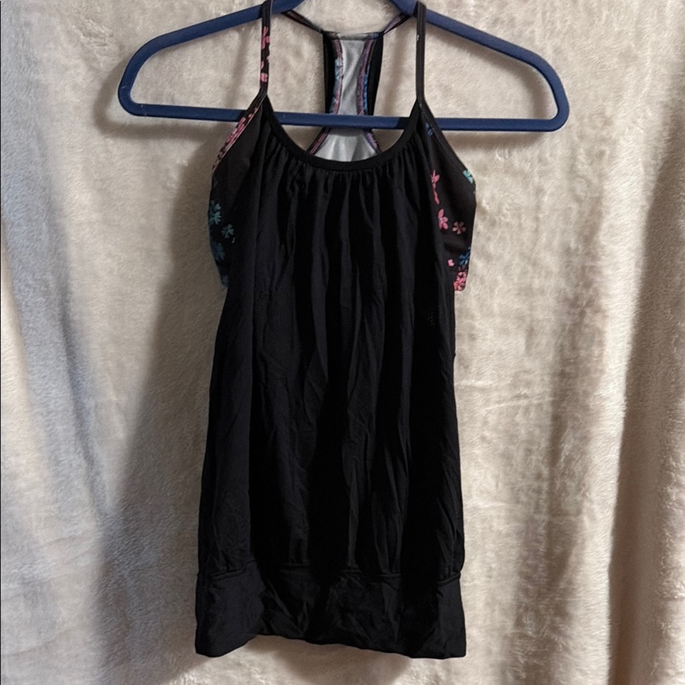 Lululemon black tank with a built in floral bra. Size 4